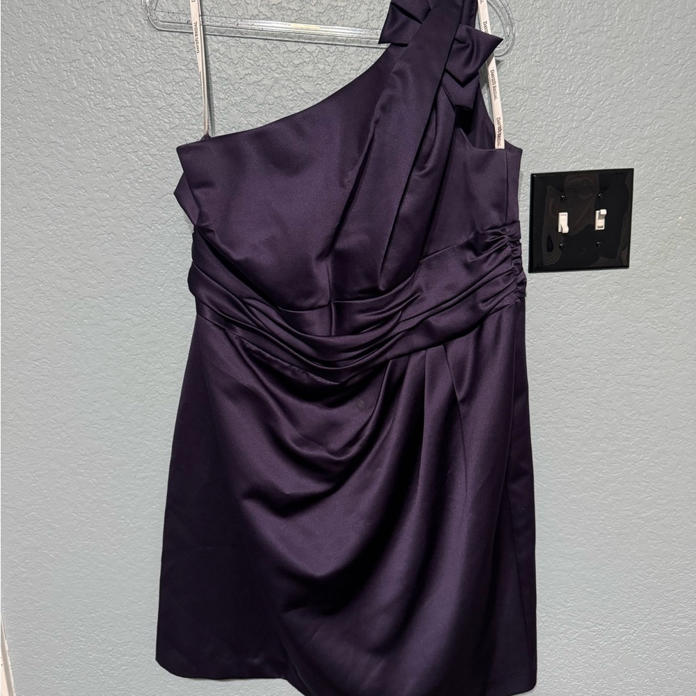 David's Bridal Purple Asymmetrical Ruched Sheath Dress for Cocktail